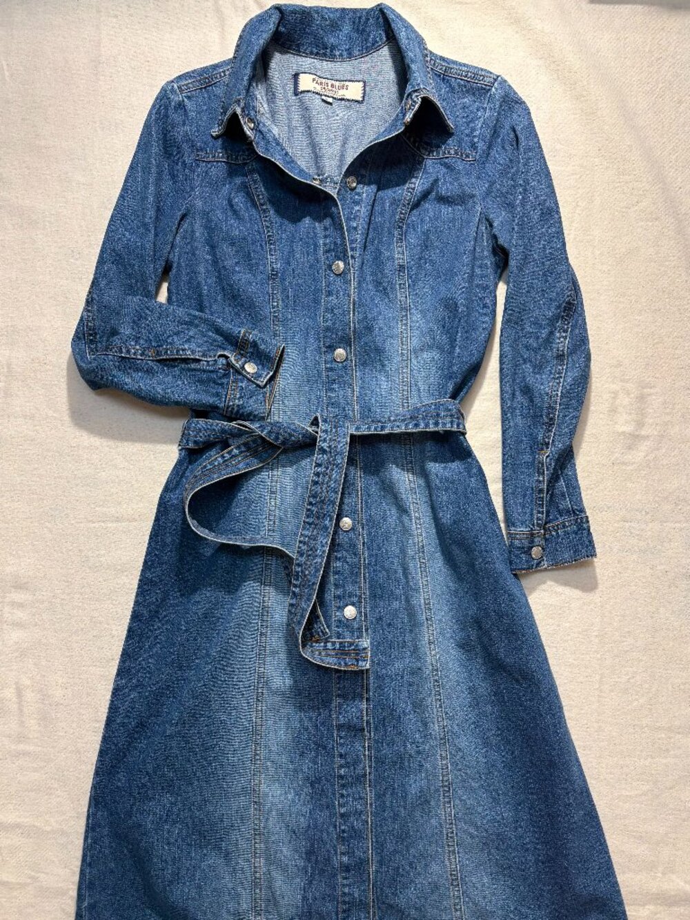 Vintage Y2K Paris Blues Denim Shirtdress Cowgirl Western Midi Flare Snap Belt